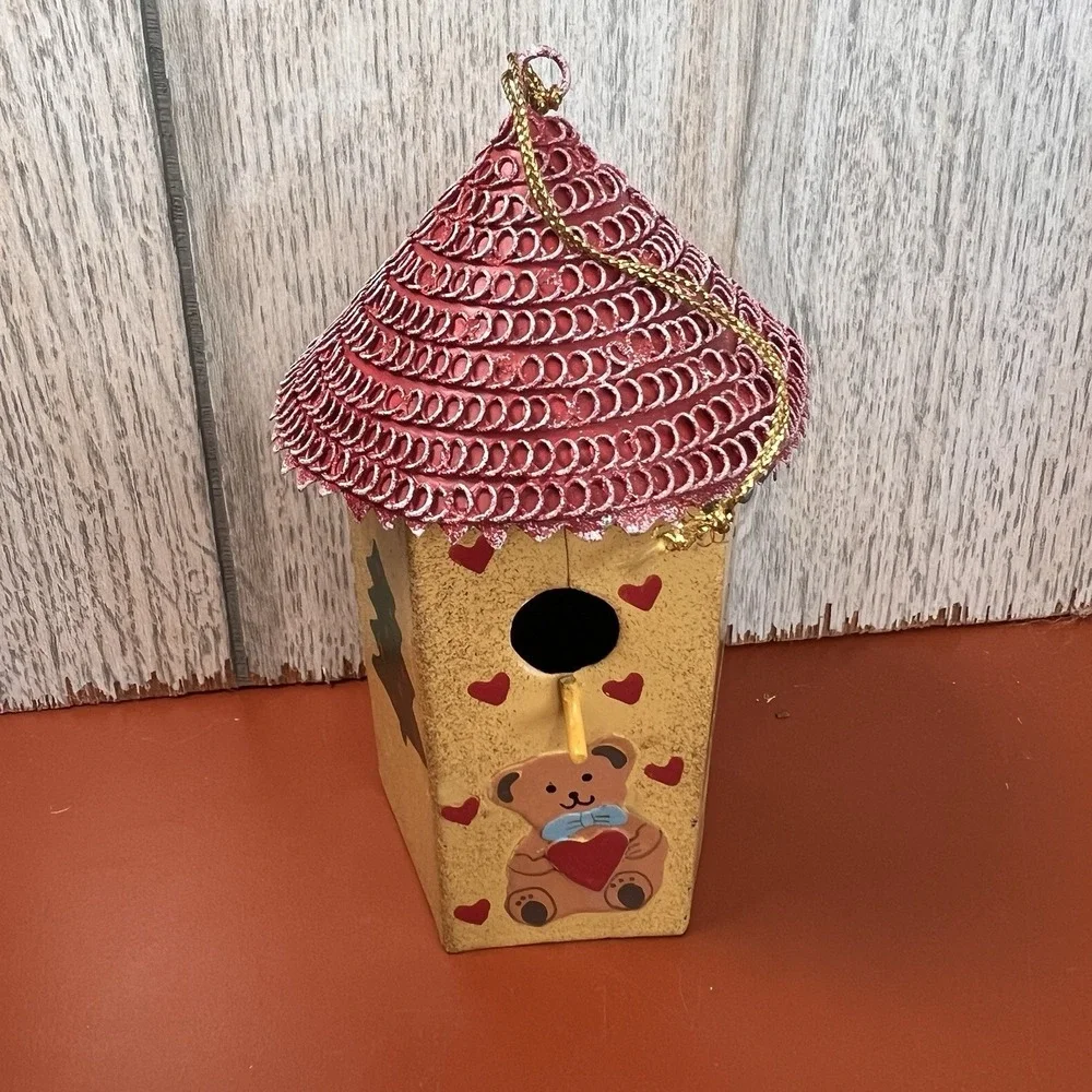 Painted Tin Birdhouse Red Roof Teddy Bear Tree Rustic Hanger Christmas‎ Ornament